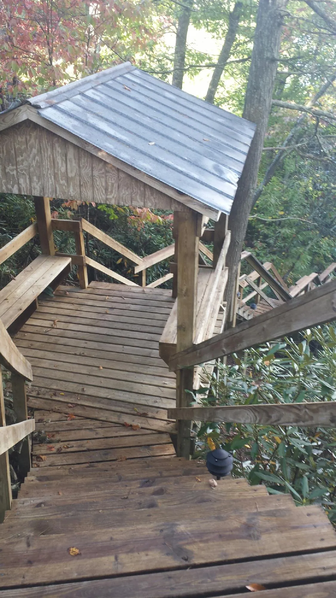 Metal roofed shelter over wooden steps on a wooded walkway — Skylight Repair & Installation work by our crew in Chesterhill